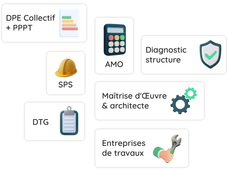 Illustration de différentes prestations en copropriété proposées sur mondeviscopro.fr